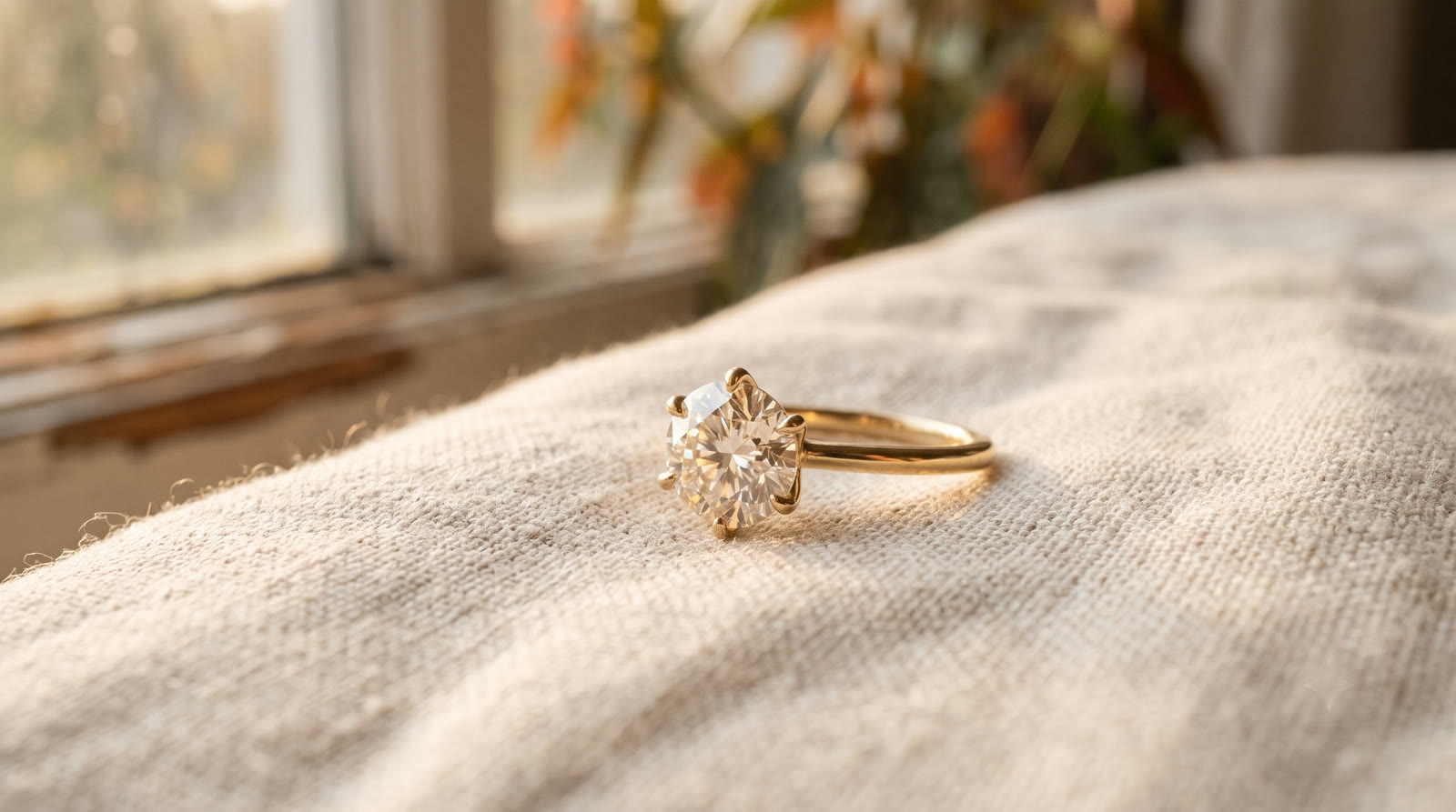 A hand-set solitaire diamond ring in warm light